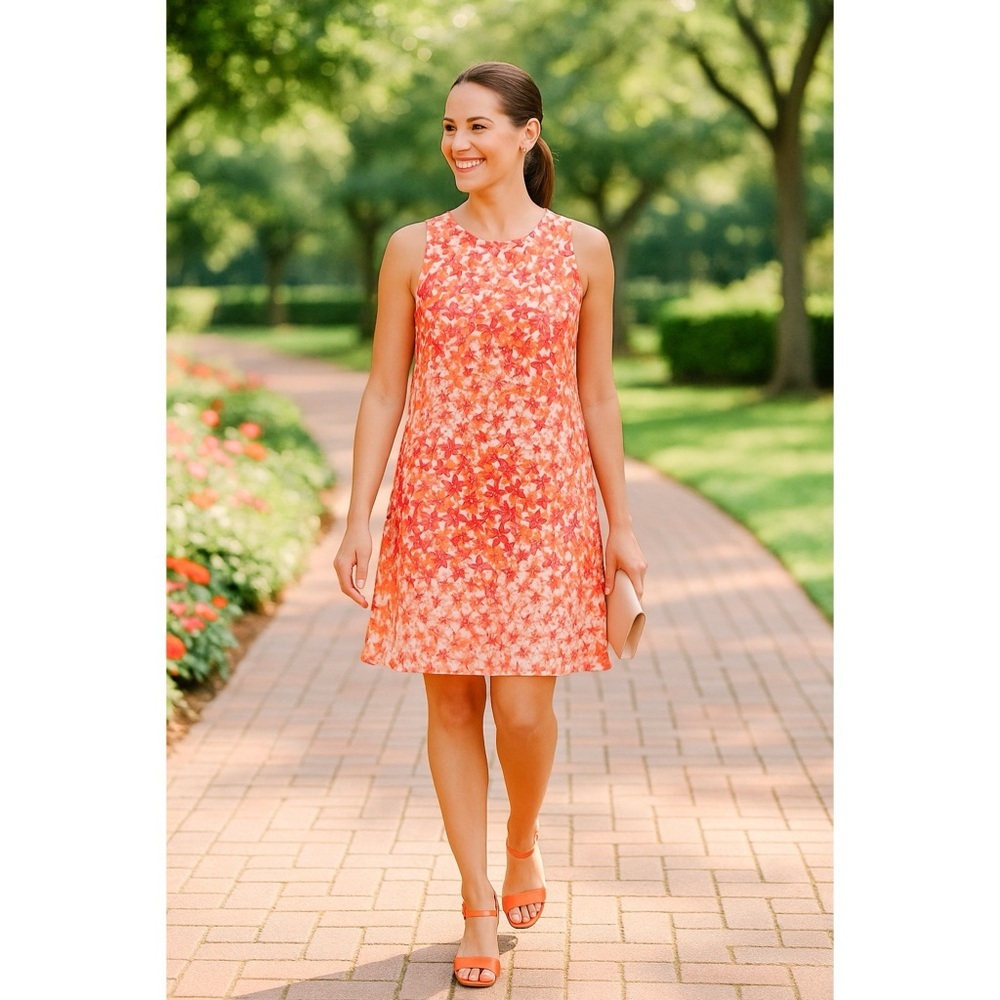 Calvin Klein Womens Sleeveless Floral A-Line Knee Length Dress Orange Red Size 8